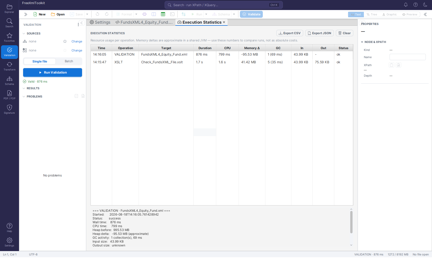 Execution Statistics tool tab with the run history and detail report