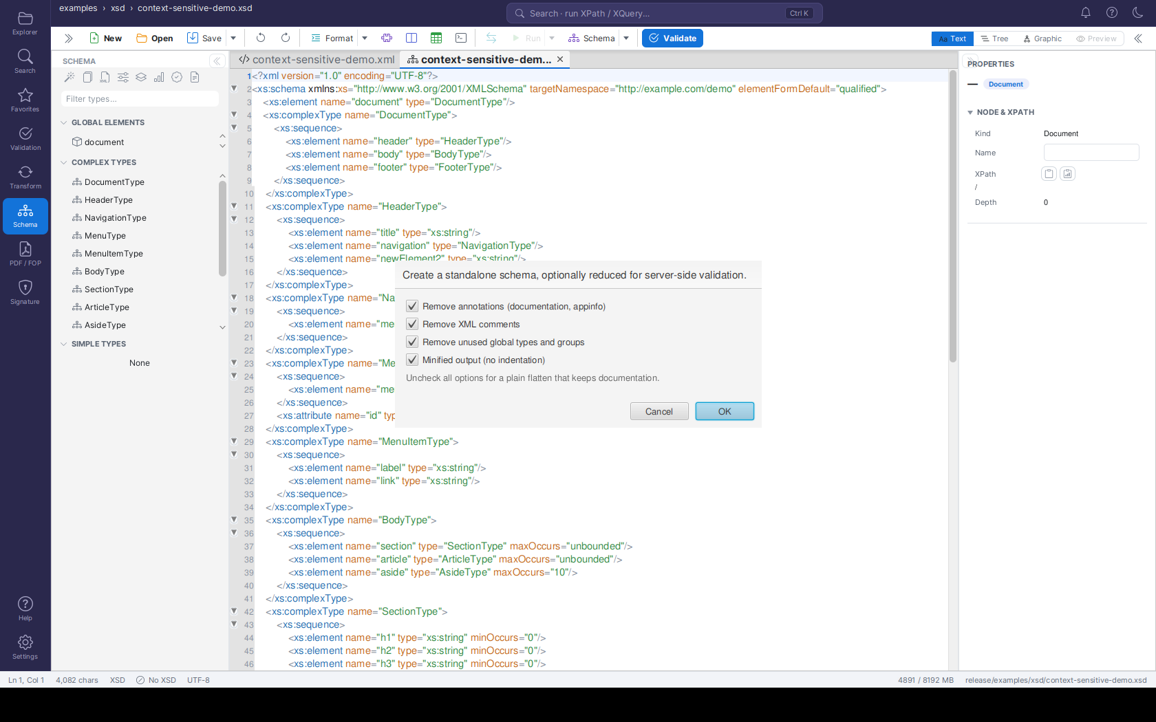 Flatten Schema options dialog
