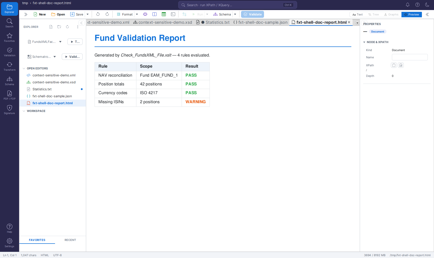 An HTML report rendered in the Preview view