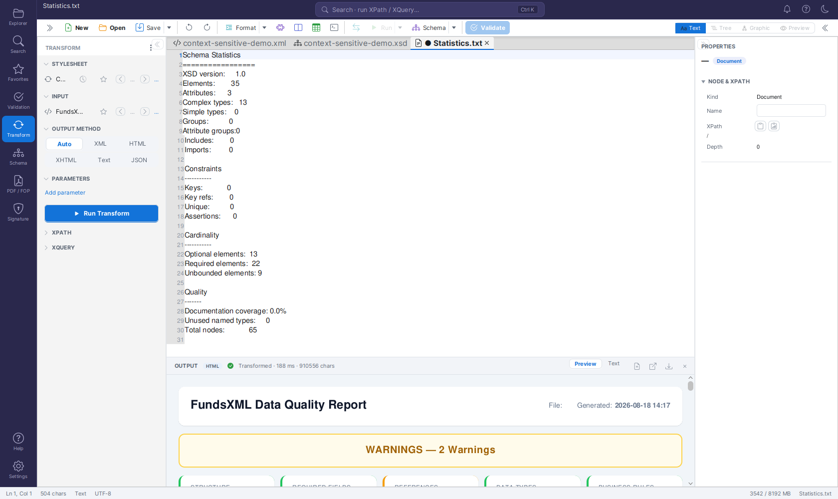 Transform panel browsing XSLT and XML favorites: the STYLESHEET and INPUT rows show the star menu and ◀ / ▶ navigation, and the auto-run result appears in the output dock below.