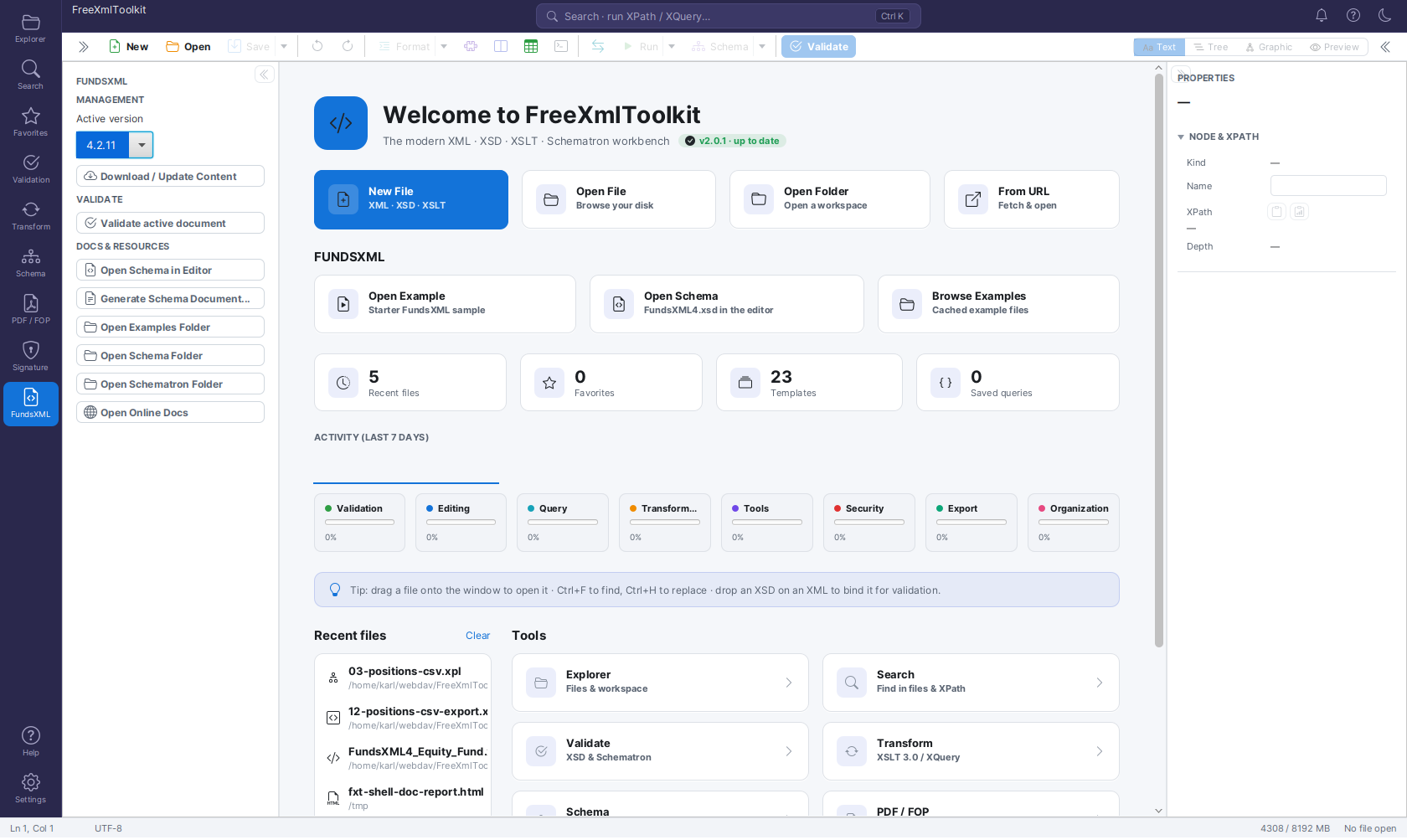 Welcome page with the FUNDSXML quick-access row