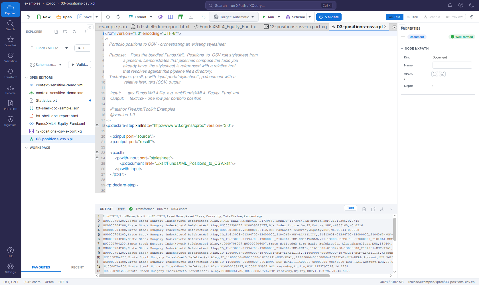 An XProc pipeline after Run Pipeline, with its CSV result in the OUTPUT panel